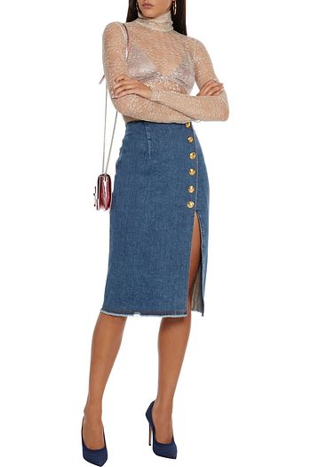 DUNDAS Button-embellished denim pencil skirt