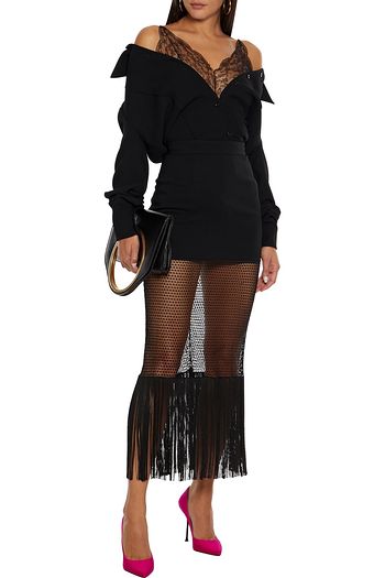 DUNDAS Fringed mesh-paneled cady midi skirt