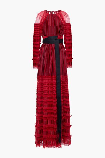 AMANDA WAKELEY Belted fringed embroidered tulle gown