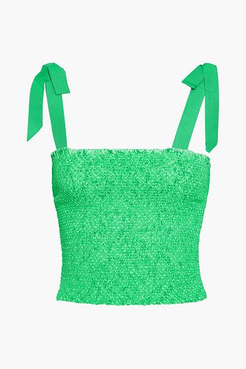 ALICE + OLIVIA Penelope cropped smocked printed crepe top