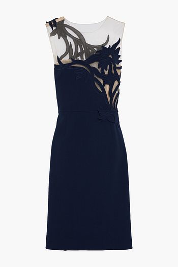 OSCAR DE LA RENTA Floral-appliquéd tulle-paneled wool-blend crepe dress