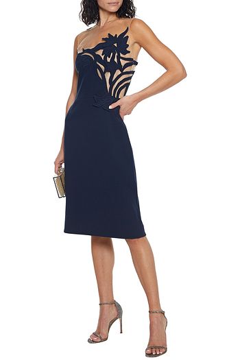 OSCAR DE LA RENTA Floral-appliquéd tulle-paneled wool-blend crepe dress