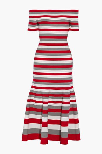 OSCAR DE LA RENTA Off-the-shoulder striped stretch-knit midi dress