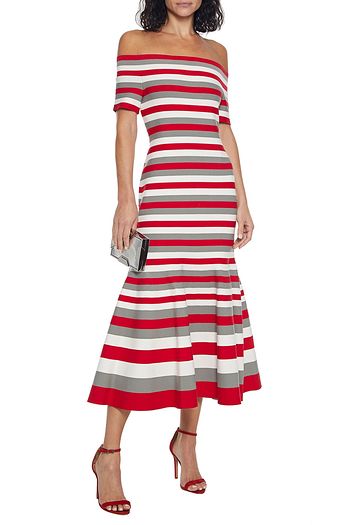 OSCAR DE LA RENTA Off-the-shoulder striped stretch-knit midi dress