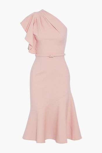 OSCAR DE LA RENTA One-shoulder belted wool-blend crepe dress