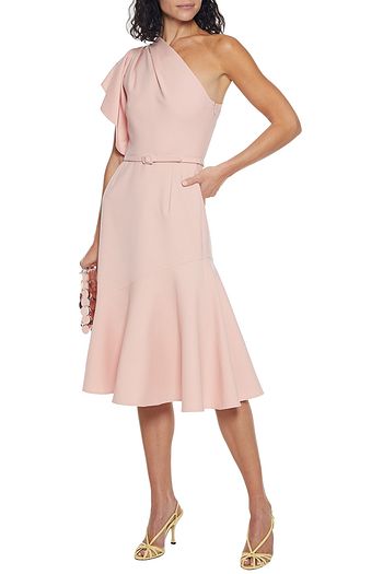 OSCAR DE LA RENTA One-shoulder belted wool-blend crepe dress