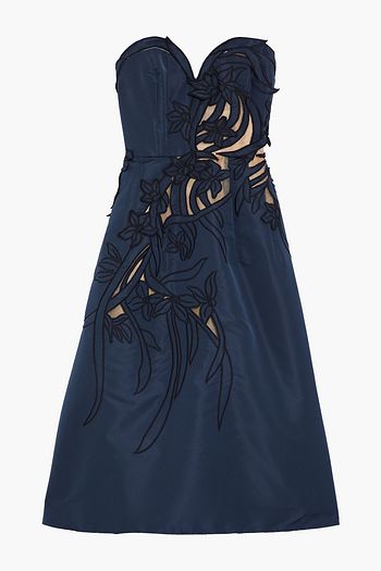 OSCAR DE LA RENTA Strapless floral-appliquéd tulle-trimmed taffeta midi dress