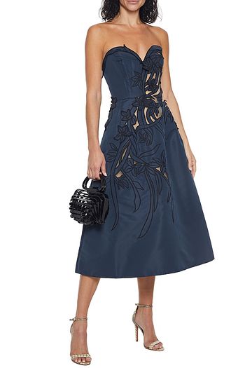 OSCAR DE LA RENTA Strapless floral-appliquéd tulle-trimmed taffeta midi dress