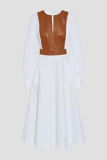 OSCAR DE LA RENTA Leather-paneled cotton-blend poplin midi dress