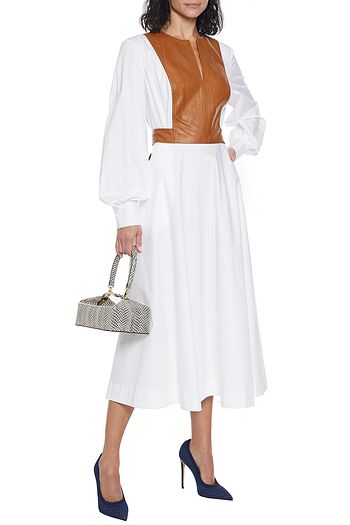 OSCAR DE LA RENTA Leather-paneled cotton-blend poplin midi dress