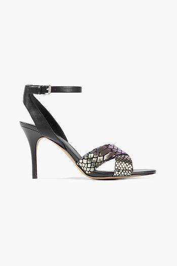 DKNY Ivy leather and iridescent snake-print suede sandals