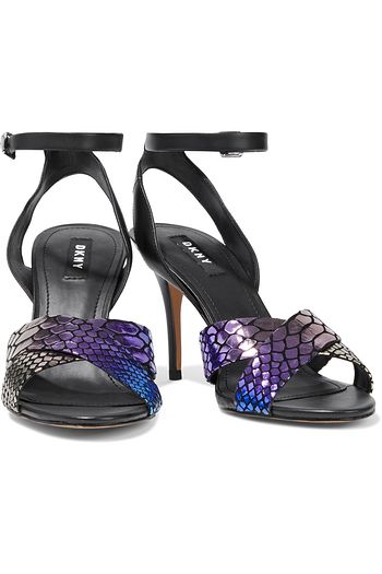 DKNY Ivy leather and iridescent snake-print suede sandals