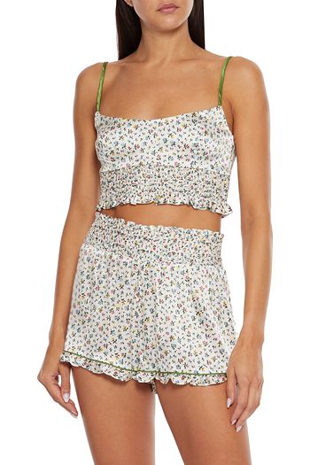 MORGAN LANE Lia cropped shirred floral-print silk-blend satin camisole