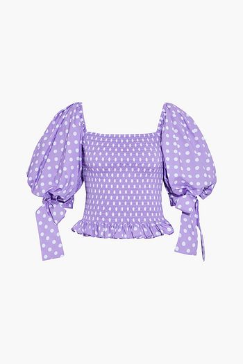CAROLINE CONSTAS Nora shirred polka-dot cotton-blend poplin top
