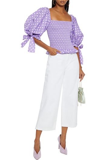 CAROLINE CONSTAS Nora shirred polka-dot cotton-blend poplin top