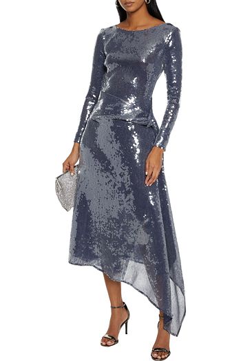 ROLAND MOURET Angelo asymmetric draped sequined tulle midi dress