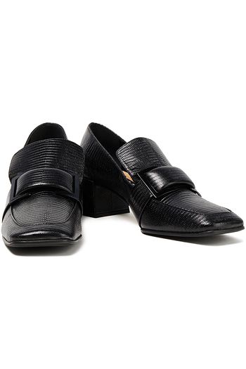 SERGIO ROSSI Embellished lizard-effect leather loafers
