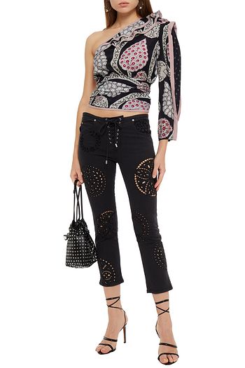 ISABEL MARANT Ruper cropped lace-up broderie anglaise mid-rise slim-leg jeans