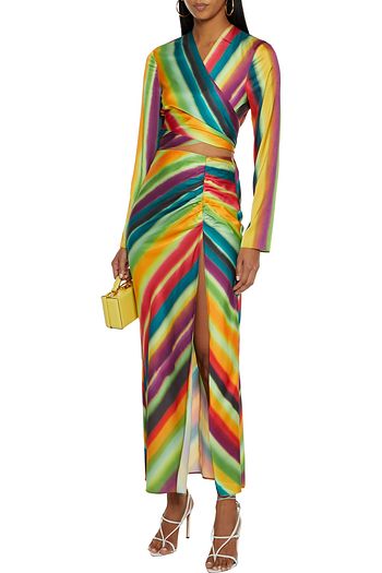 RONNY KOBO Angie ruched striped satin midi skirt