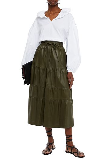 VALENTINO Gathered leather midi skirt