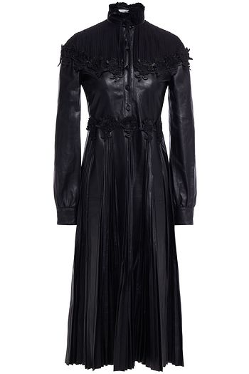 VALENTINO Pleated embellished leather and gauze midi shirt dress