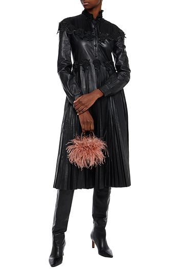 VALENTINO Pleated embellished leather and gauze midi shirt dress