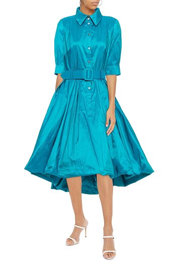 OSCAR DE LA RENTA Belted pleated iridescent silk-taffeta shirt dress