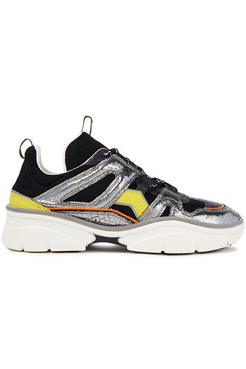 ISABEL MARANT Kindsay smooth, metallic cracked-leather and mesh sneakers