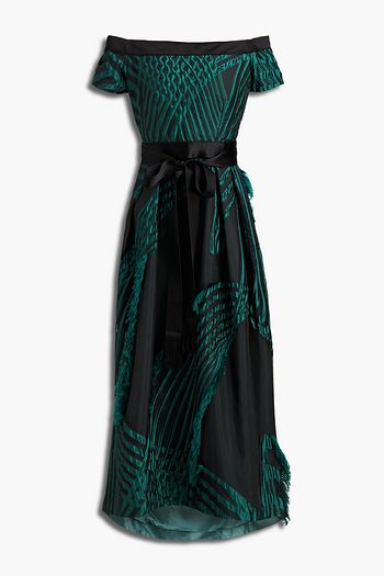 AMANDA WAKELEY Bardot off-the-shoulder tie-front two-tone cloqué and organza midi dress