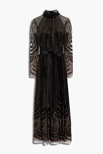 AMANDA WAKELEY Tie-front metallic embroidered tulle maxi dress