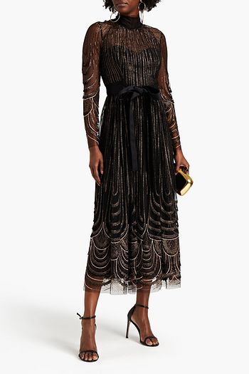 AMANDA WAKELEY Tie-front metallic embroidered tulle maxi dress