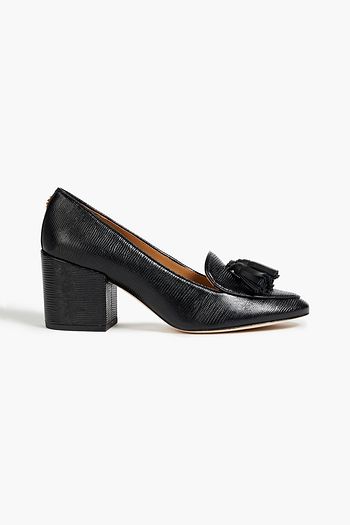 TORY BURCH Tassel-trimmed lizard-effect leather pumps