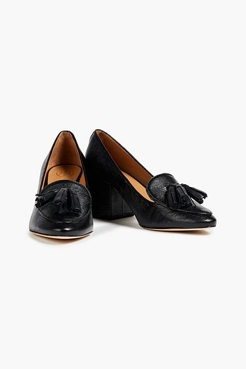 TORY BURCH Tassel-trimmed lizard-effect leather pumps
