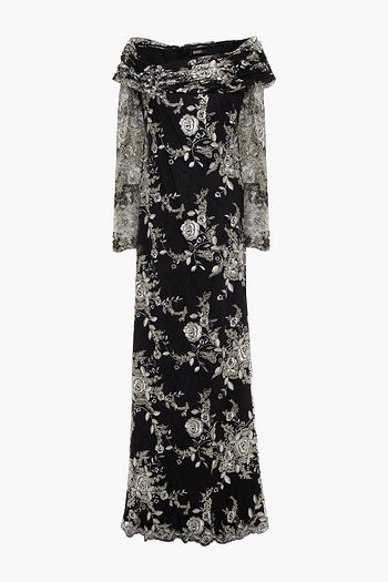 BADGLEY MISCHKA Ruched embellished embroidered lace gown