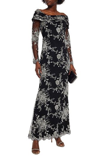 BADGLEY MISCHKA Ruched embellished embroidered lace gown