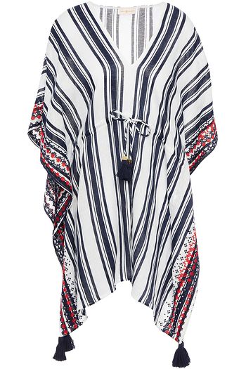 TORY BURCH Gestreifter Kaftan aus Leinengaze mit Troddeln und Stickereien
