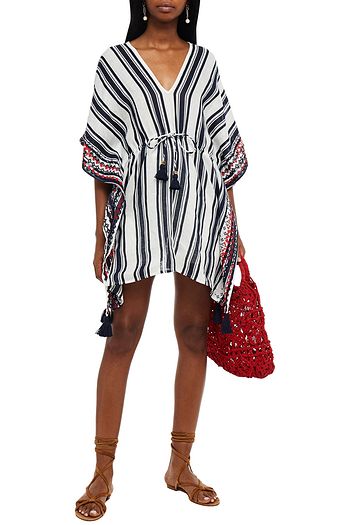 TORY BURCH Gestreifter Kaftan aus Leinengaze mit Troddeln und Stickereien