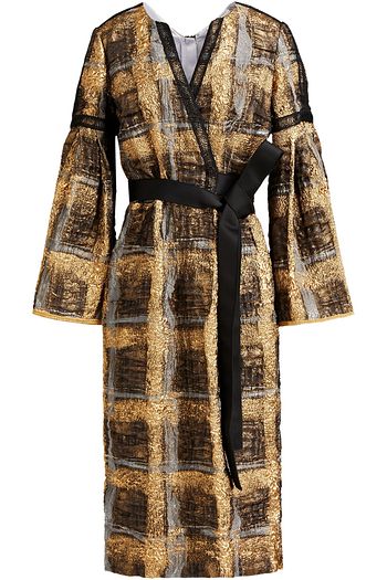 AMANDA WAKELEY Midikleid aus Cloqué in Metallic-Optik mit Karomuster und Bindedetail vorne