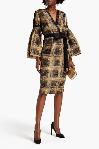 AMANDA WAKELEY Midikleid aus Cloqué in Metallic-Optik mit Karomuster und Bindedetail vorne