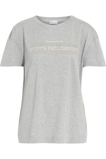 BRUNELLO CUCINELLI Bead-embellished embroidered mélange cotton-jersey T-shirt