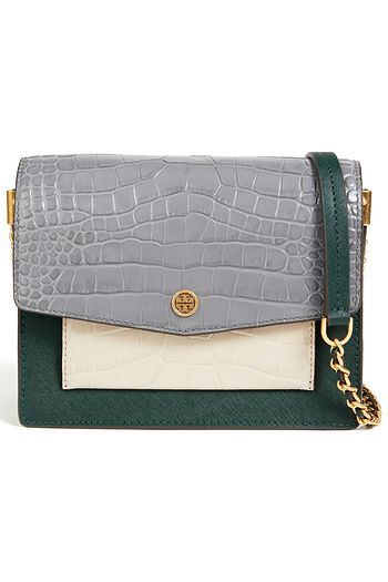 TORY BURCH Color-block textured and croc-effect leather shoulder bag