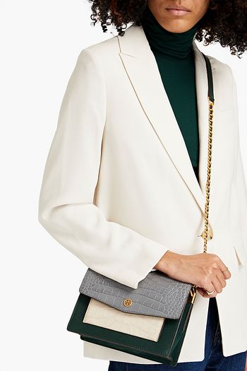 TORY BURCH Color-block textured and croc-effect leather shoulder bag