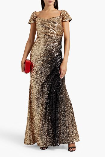 BADGLEY MISCHKA Gathered dégradé sequined tulle gown