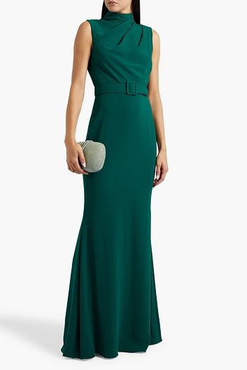 BADGLEY MISCHKA Belted pleated cady gown