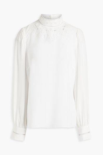 FRAME Ada lace-trimmed embroidered silk-crepe blouse