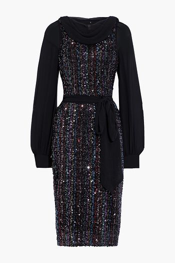 BADGLEY MISCHKA Belted sequined tulle and chiffon dress