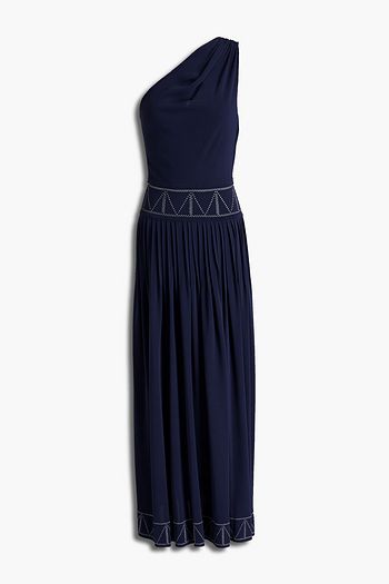 ALAÏA One-shoulder cutout embroidered pleated jersey maxi dress