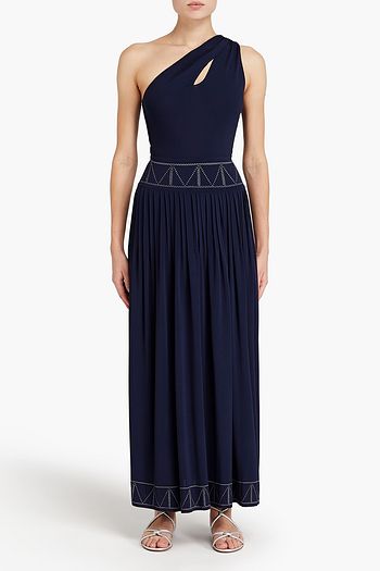 ALAÏA One-shoulder cutout embroidered pleated jersey maxi dress