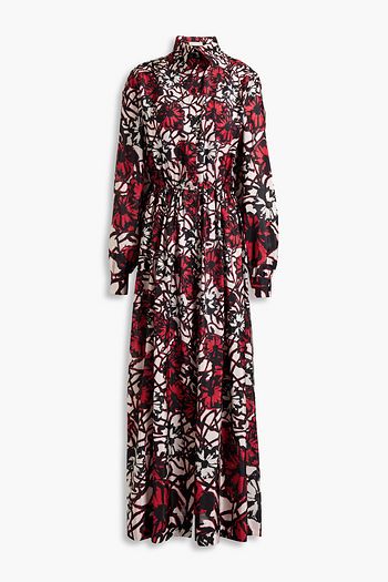 ALAÏA Gathered floral-print silk maxi shirt dress