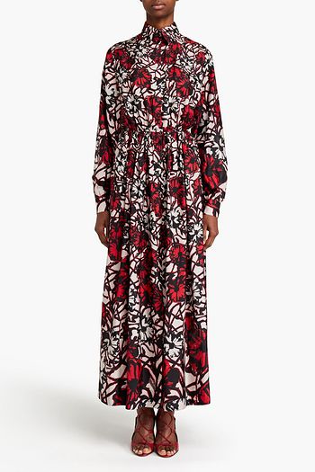 ALAÏA Gathered floral-print silk maxi shirt dress